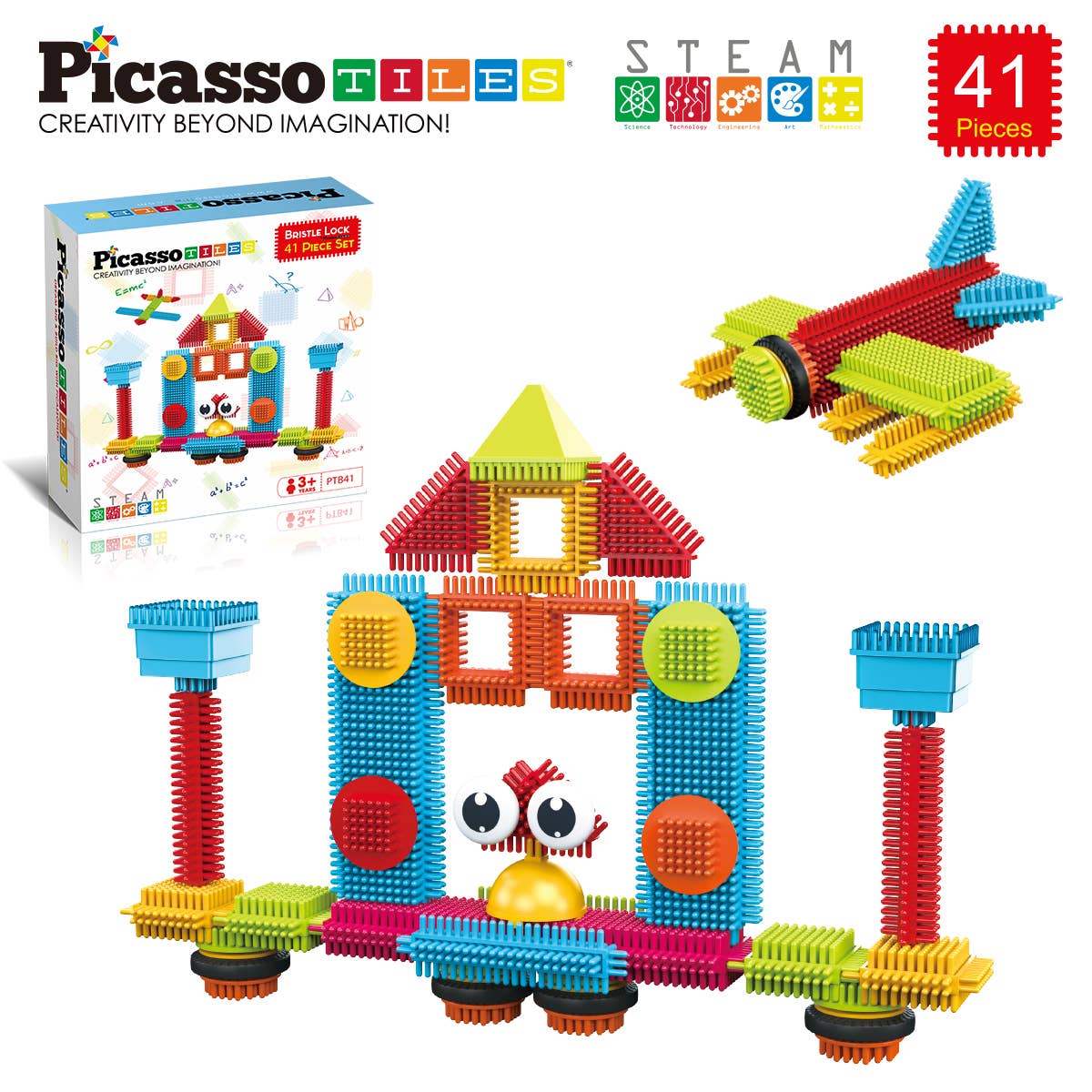 PicassoTiles 41 Piece BristleLock Building Blocks Set PTB41