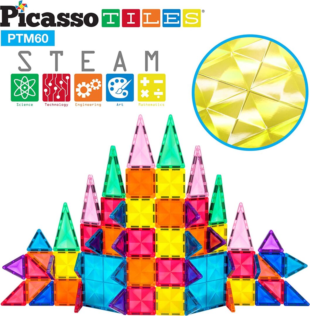 PicassoTiles 60 Piece Magnetic Building Block Mini Diamond Series Travel Size On-The-Go Magnet