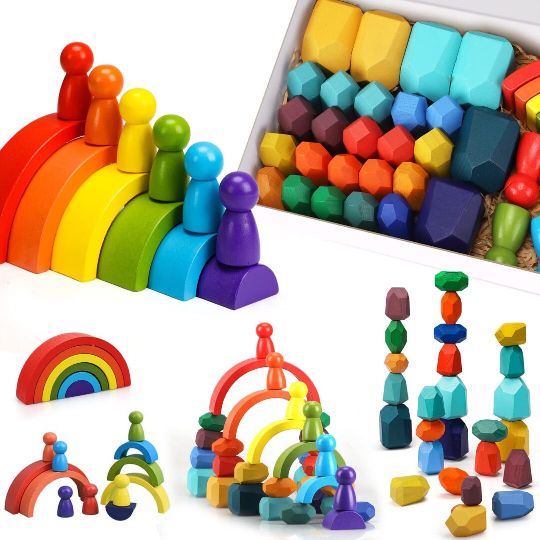 TOY Life 38 Pieces Wooden Rainbow Stacking Rocks